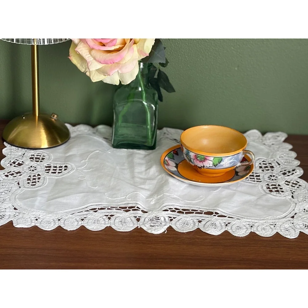 Vintage White Battenberg Lace Placemats Set of 4 Linen Cotton Embroidered 17x11